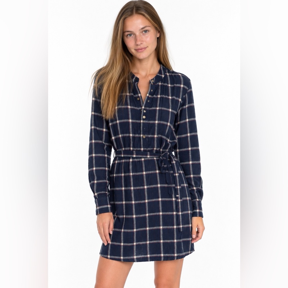 Abercrombie Cotton Plaid Flannel Long-Sleeve Shirt Dress with Tie Waist Medium